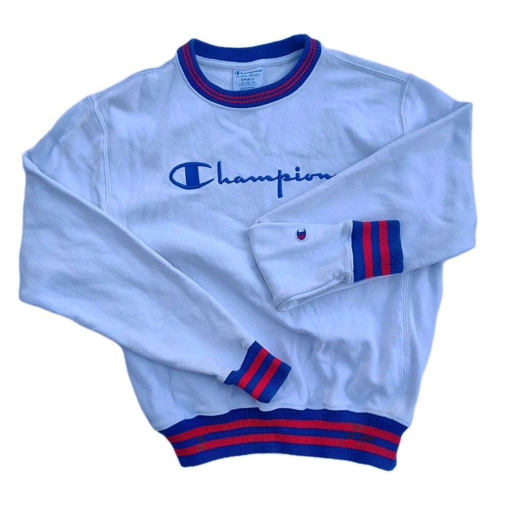 Champion Sweatshirt Mens Small Reverse Weave Crewneck Red/Blue Logo Gorpcore